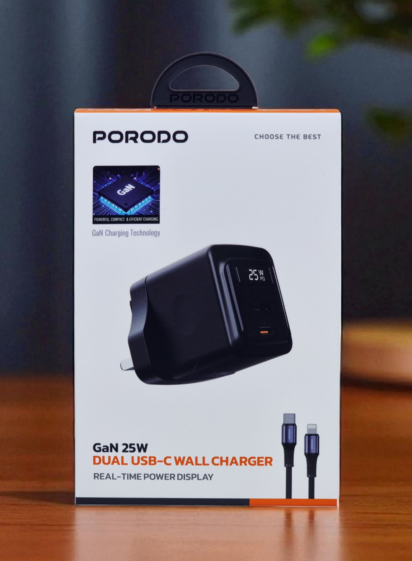PORODO GAN 25W DUAL USB C WALL CHARGER WITH USB-C TO LIGHTNING CABLE