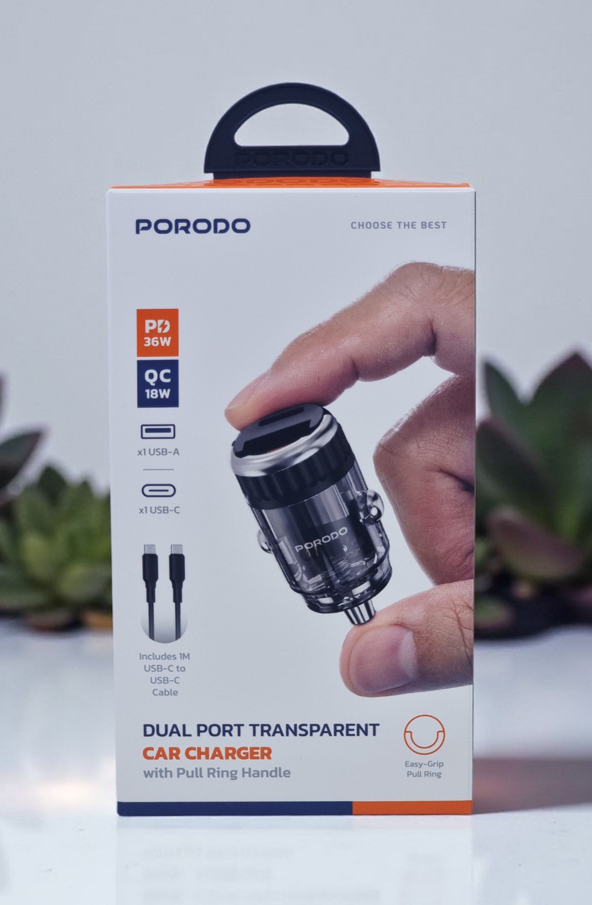 PORODO DUAL PORT TRANSPARENT CAR CHARGER WITH PULL RING HANDLE