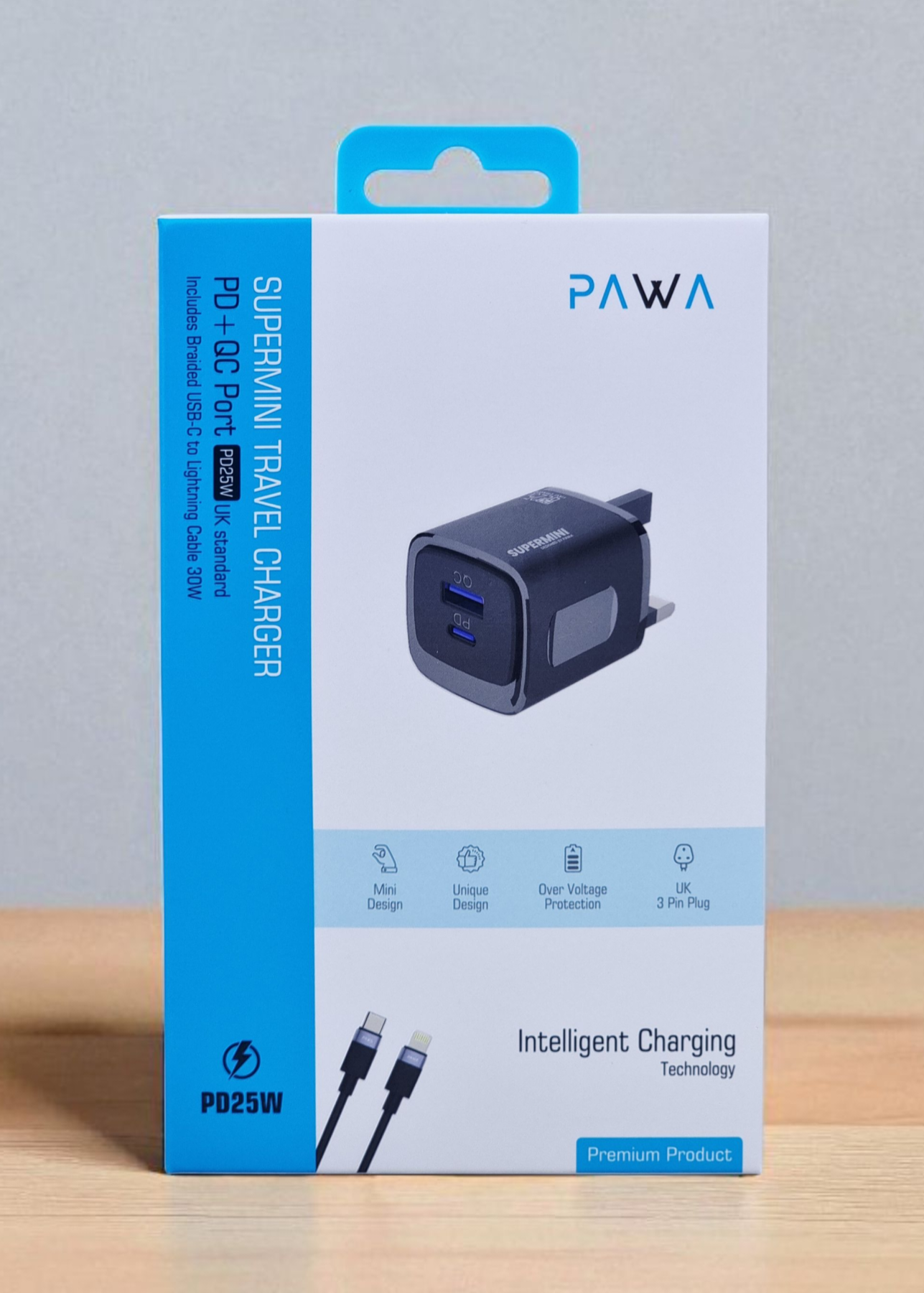 PAWA SUPERMINI TRAVEL CHARGER PD QC PORT 25W WITH BRAIDED LIGHTNING CABLE