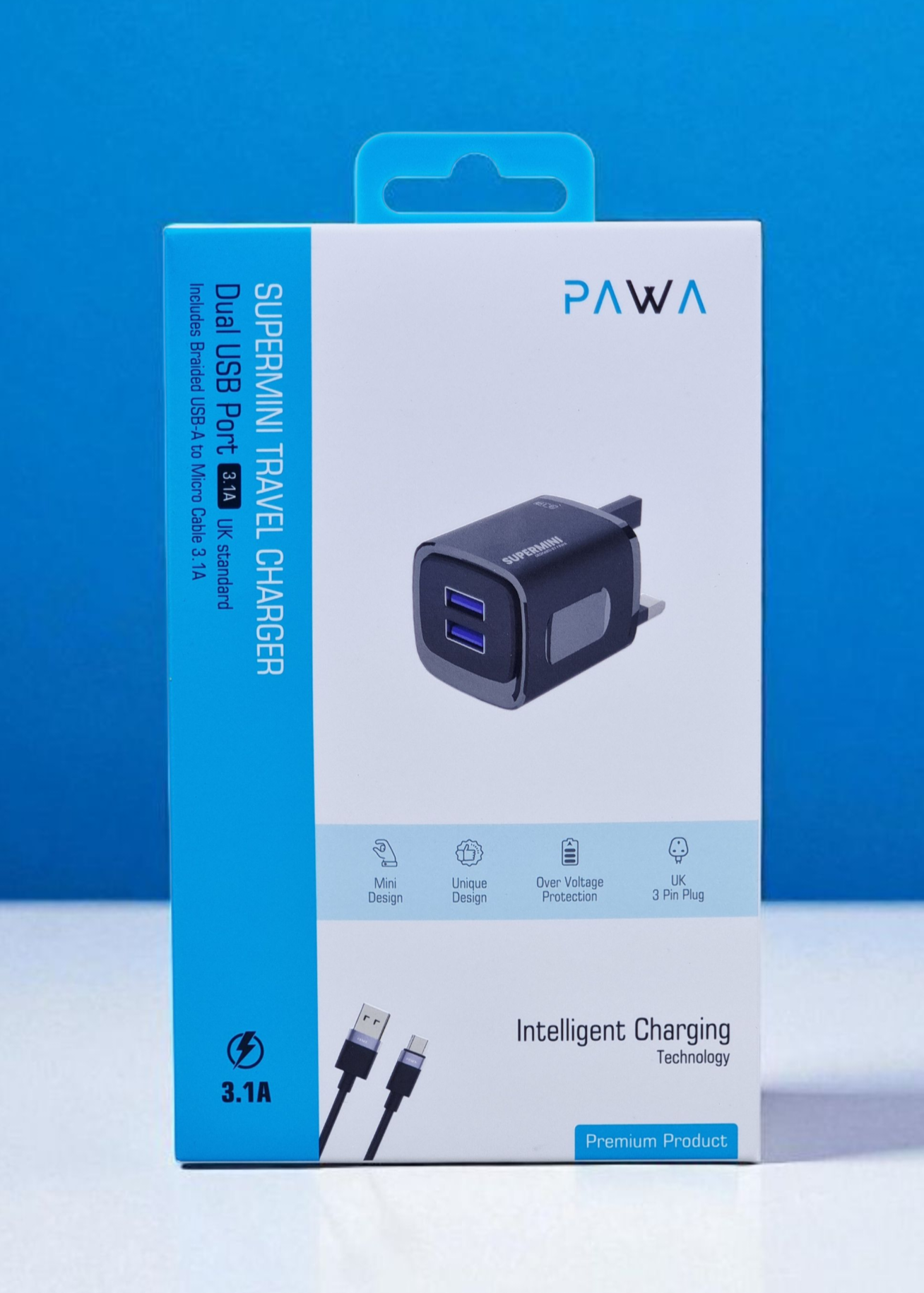 PAWA SUPERMINI TRAVEL CHARGER DUAL USB 3.1A WITH BRAIDED MICRO CABLE
